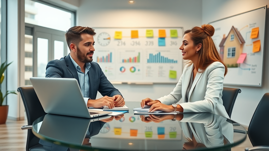 a male and female real estate agent discussing their real estate marketing plan in a conference room
