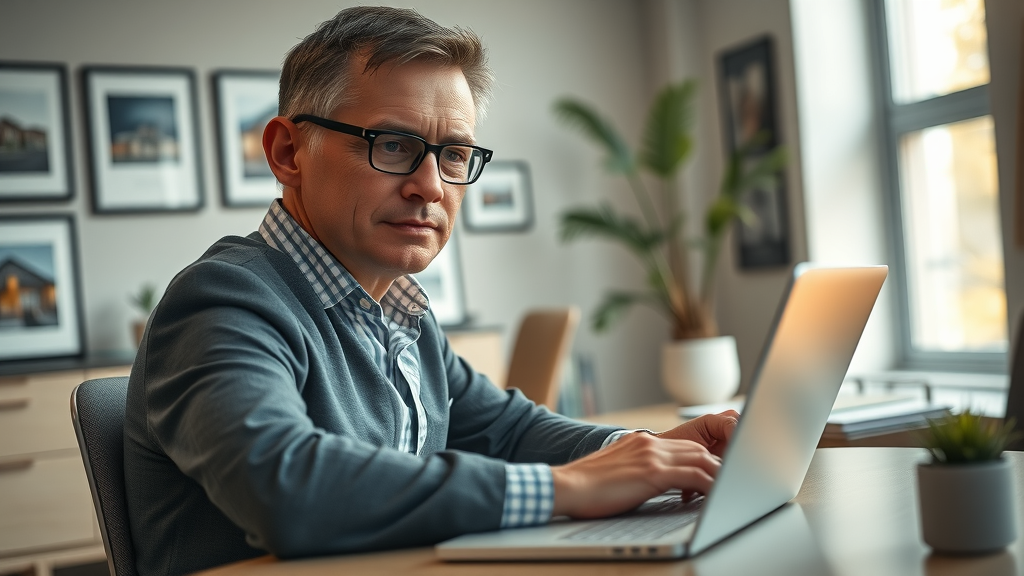 real estate agent at computer - uses marketing strategies to expand his business